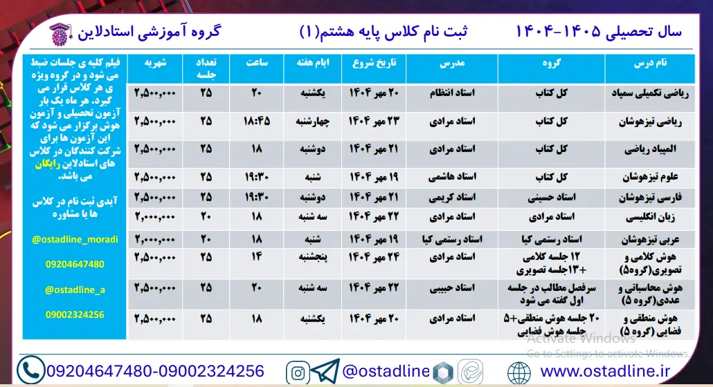 کلاس آنلاین استادلاین تیزهوشان پایه هشتم