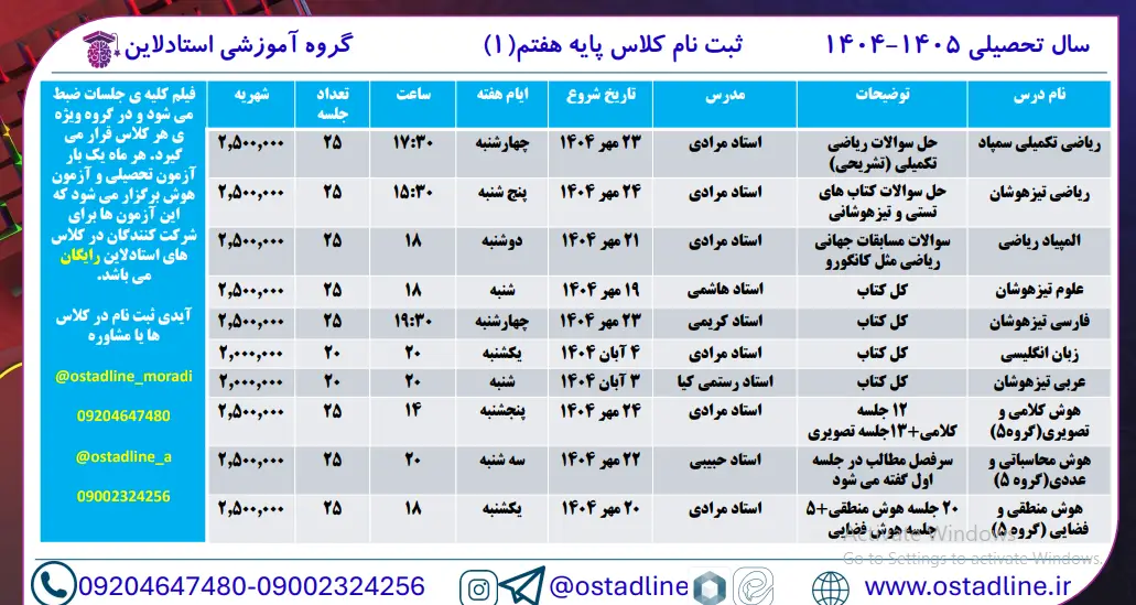 کلاس آنلاین استادلاین تیزهوشان پایه هفتم