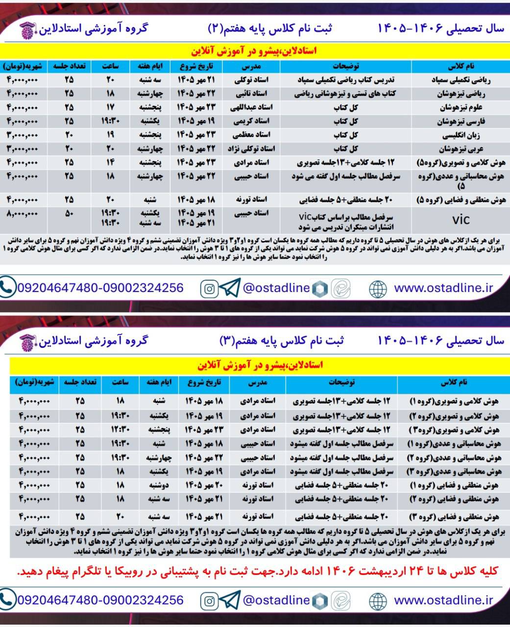 ثبت نام کلاس پایه هفتم
