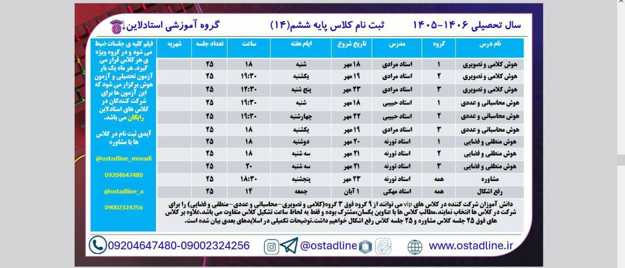 برنامه کلاسها تیزهوشان ششم